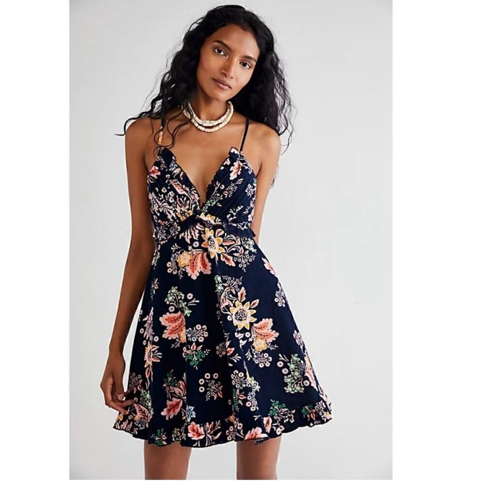 Free People Looking Glass Navy Floral Fine Waled Corduroy Babydoll Mini Dress S